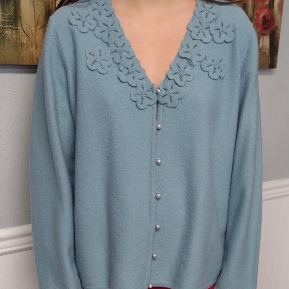 Carole Little 100% wool Blue Cardigan with Intricate Floral Embroidery